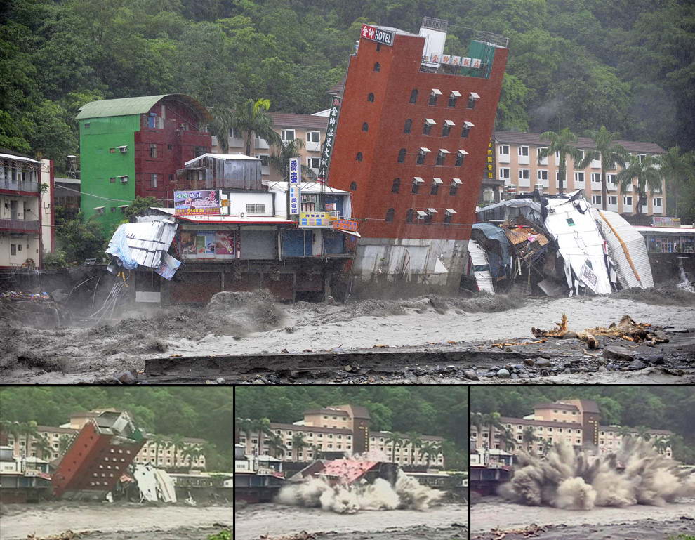 Здание отеля наклонилось, прежде чем рухнуть в вышедшую из берегов реку, после того как тайфун Моракот достиг Таитуна, Тайвань, воскресенье 9 августа 2009. Шестиэтажный отель упал в реку в воскресенье утром, так как вода размыла фундамент; все 300 человек были вовремя эвакуированы и не пострадали. (AP Photo / AP Photo/ETTV Television)