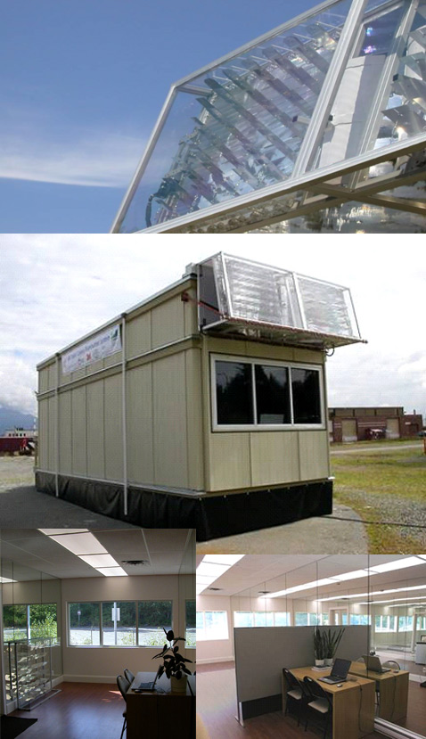 Первый образец Solar Canopy смонтировали на контейнере, внутри которого воспроизвели офисную обстановку, раздвинув её при помощи зеркал на стенах