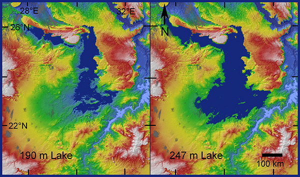 На топографической карте красным указаны возвышенности, синим — глубины. На правом снимке видно, что бассейн озера опустился. Это привело к сокращению притока воды из Нила и впоследствии к пересыханию озера. (Иллюстрация T.A. Maxwell et al. / Geology.)