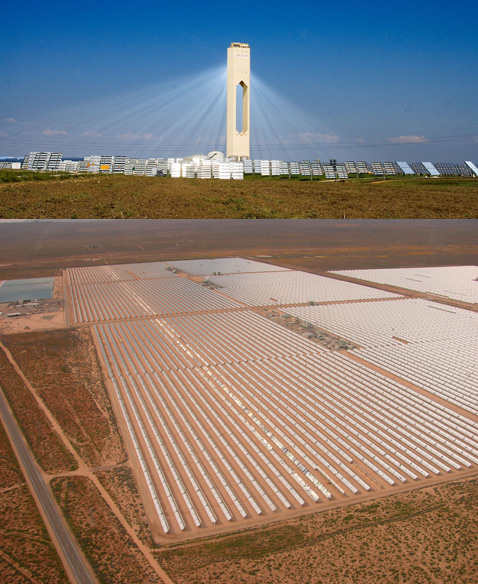 Солнечные термальные установки, в которых лучи обеспечивают 
генерацию пара, вращающего турбины, становятся всё более популярными. 
Вверху: испанская башня <a 
href="http://en.wikipedia.org/wiki/PS10_solar_power_tower">PS10</a>.<br></br>Внизу:
 _cke_saved_href="http://en.wikipedia.org/wiki/PS10_solar_power_tower">PS10</a>.<br></br>Внизу:
 _cke_saved_href="http://en.wikipedia.org/wiki/PS10_solar_power_tower">PS10</a>.<br></br>Внизу:
 _cke_saved_href="http://en.wikipedia.org/wiki/PS10_solar_power_tower">PS10</a>.<br></br>Внизу:
 часть <a 
href="http://en.wikipedia.org/wiki/Solar_Energy_Generating_Systems">Solar
 Energy Generating Systems</a>, раскинувшейся в пустыне Мохаве. 
Это самый крупный в мире комплекс такого рода, включающий в себя девять 
электростанций с установками типа "параболический жёлоб". Их 
общая установленная мощность составляет 354 мегаватта (фотографии с 
сайта wikipedia.org).