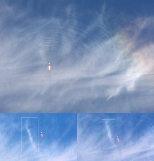 Разрушение радужного паргелия (виден справа от Atlas V) и образование вертикальной белой полосы (иллюстрации George C. Privon, НАСА).
