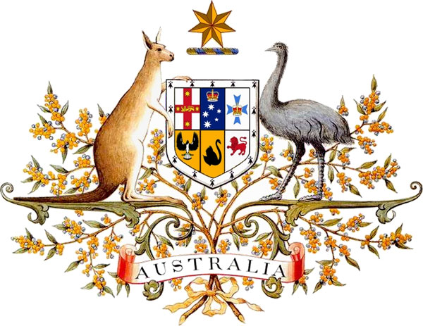 Герб Австралии представляет из себя щит, поддерживаемый кенгуру и эму