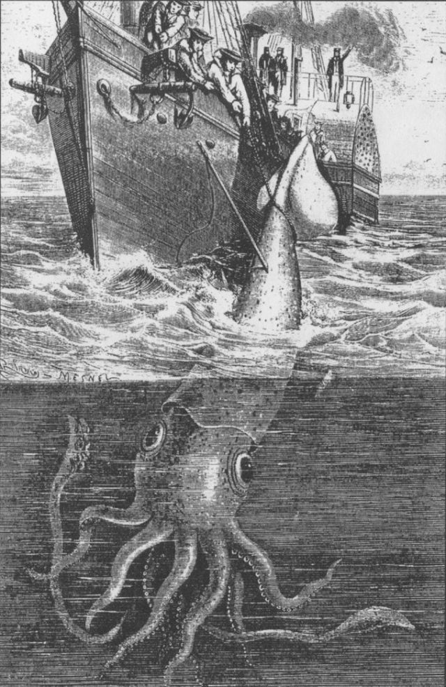 Огромные глаза кальмаров издавна привлекали внимание моряков: на этой картине XIX века они поданы с некоторым преувеличением. (Иллюстрация Harper Lee's Sea Monsters Unmasked, London, 1884.)