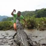 Житель Коста-Рики играет с диким крокодилом как с собакой