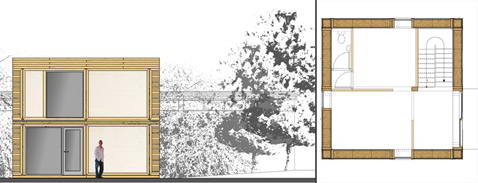 Примерно так будет выглядеть BaleHaus в Бате, когда его достроят. Справа: план первого этажа (иллюстрации ModCell).