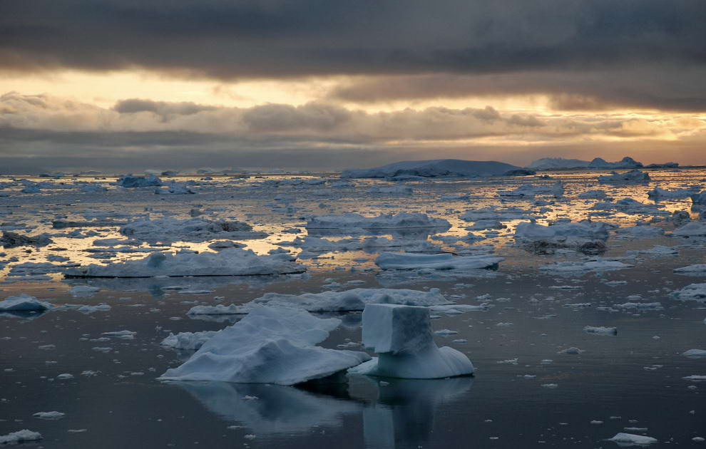 Заполненный айсбергами фьорд недалеко от Илулиссата в Гренландии 3 июля 2009 года. (Slim ALLAGUI/AFP/Getty Images)