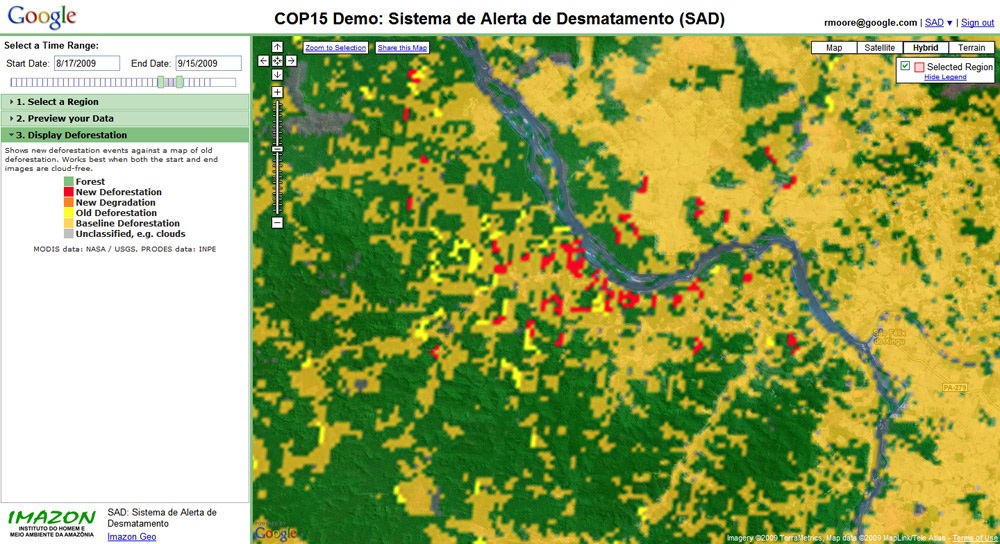 На фото красным цветом представлены участки леса, которые исчезли за последние 30 дней в Бразилии
