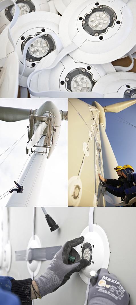 Инсталляция добавила по 100 килограммов каждому из трёх лезвий ветровой турбины: 20 кг составили светодиоды, 30 – кабели и 50 кг – крепления 