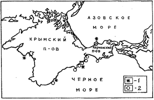 Схема расположения точек встреч неизвестного животного: 1 – до второй мировой войны; 2 – в наши дни