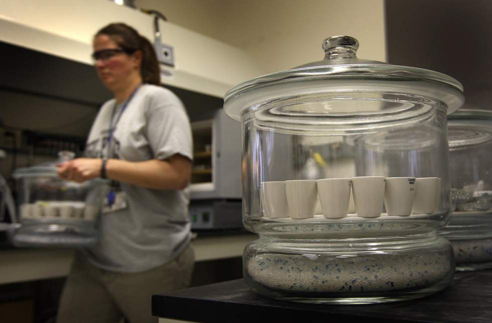 Ученый-исследователь Дебора Химан несет несколько тестируемых образцов в отделении для тестирования биотоплива в Национальной лаборатории возобновляемых источников энергии 3 марта в Голдене, штат Колорадо. (Getty Images / John Moore)