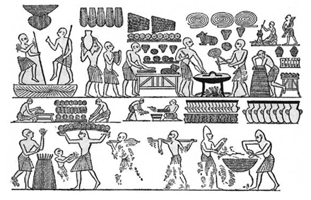 Древние египтяне овладели искусством разрыхлять тесто с помощью брожения, которое вызывается мельчайшими организмами — дрожжевыми грибками и молочнокислыми бактериями,