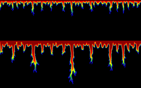 Потоки «прокладывают дорогу» сквозь толщу породы, чтобы образовать в итоге пещеру. Сначала (вверху) канальцы получаются почти одинаковыми, но с течением времени (внизу), когда вода «находит» в породе изъяны, отдельные каналы увеличиваются в размерах.