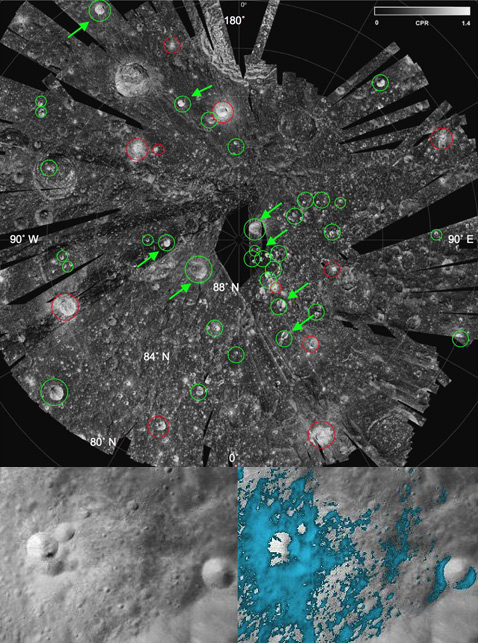 Различные приборы на борту аппарата Chandrayaan 1 выявили как  россыпь богатых водяным льдом кратеров на северном полюсе Луны (вверху  они обозначены зелёными кружками), так и богатые водой минералы вокруг  (нижний кадр, голубые участки) (фотографии NASA, ISRO).
