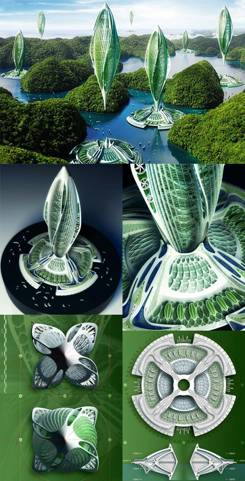Как плавающая пристань с водорослями, так и сам дирижабль внешне 
выполнены по мотивам цветов (иллюстрация Vincent Callebaut).
