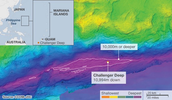 Новая карта Марианского жёлоба. Глубины указаны от наименьших (оранжевый) до наибольших (сиреневый). Белым обозначены участки с глубинами свыше 10 км. (Изображение CCOM-JHC.) 