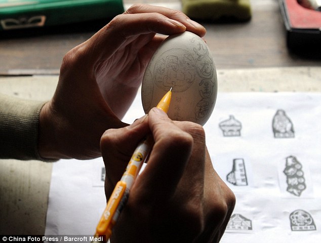 Резьба по яичной скорлупе китайским мастером Вэнь Фулянь