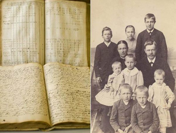 Страница из церковноприходской книги и фото финской семьи