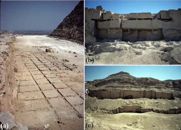 Рис. 3.(a) Открытая каменоломня для добычи известняка для пирамиды Хафра в Гизе, где сохранилась разметка (рис. 2, 4); (b) штольня для добычи известняка в Ко-эль-Кебир с опорными колоннами (рис. 2, 64); (c) каменоломня для извлечения песчаных блоков в Наг-эль-Хош (рис. 2, 8).