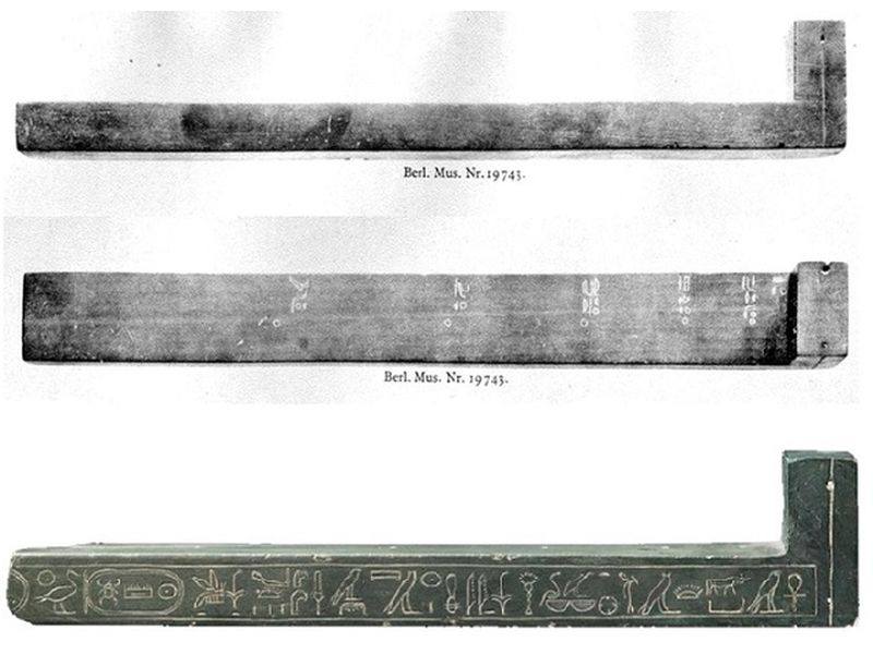Солнечные часы L-образной конструкции из Берлинского Египетского Музея. Нижний образец — датируется 1000-600 гг. до н.э. Верхний (два изображения) — эпохой правления Тутмоса III (XVI в. до н.э.).